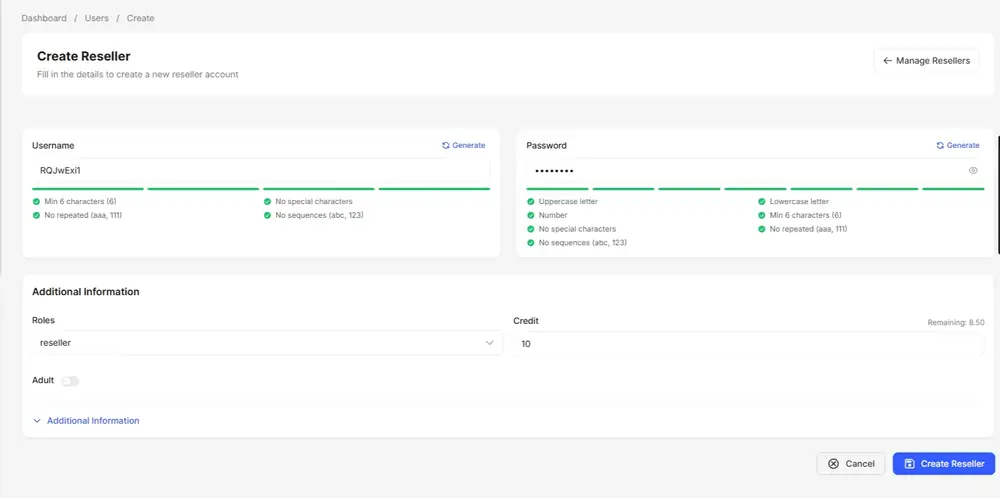 Mega OTT create reseller account interface