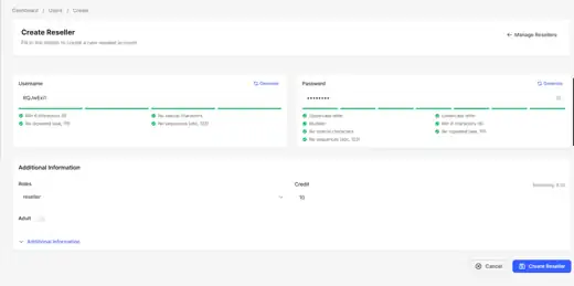Mega OTT create reseller account interface