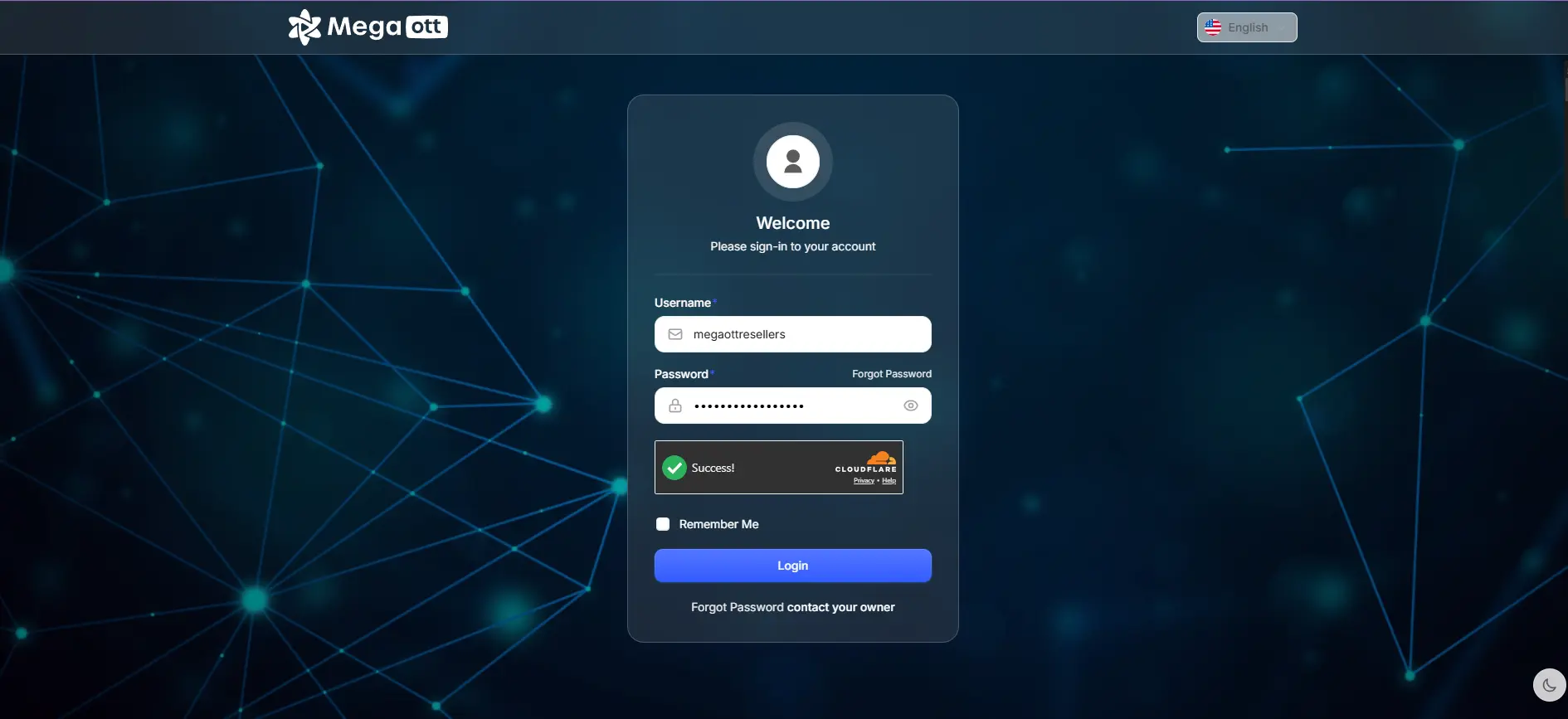 Mega OTT panel login screen